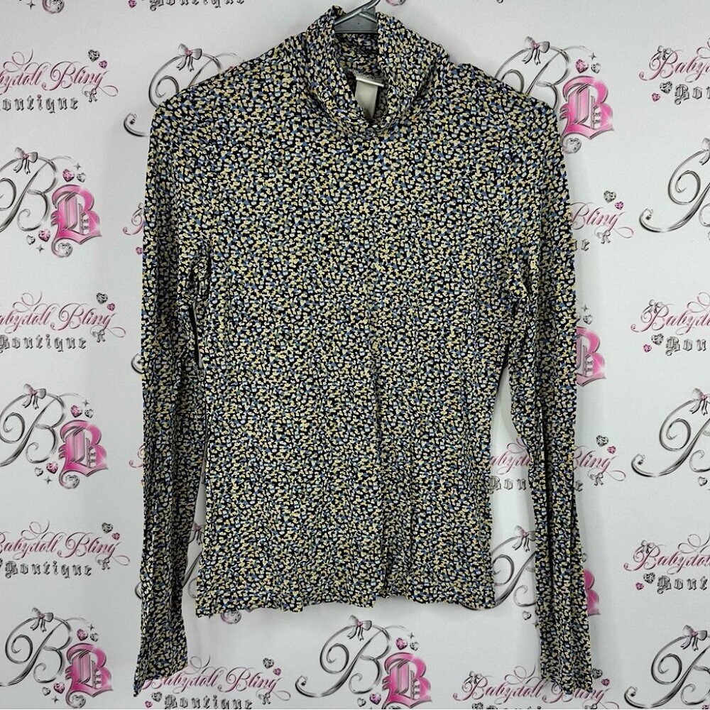 H&M turtleneck top long sleeve Black and Yellow Floral Blouse flowers